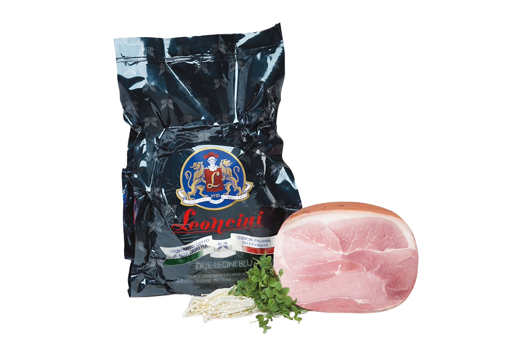 PROSCIUTTO / SZYNKA COTTO ALTA QUALITÀ DUE LEONI RĘCZNIE WIĄZANE OK. 9-9,5 KG 2/BOX LEONCINI