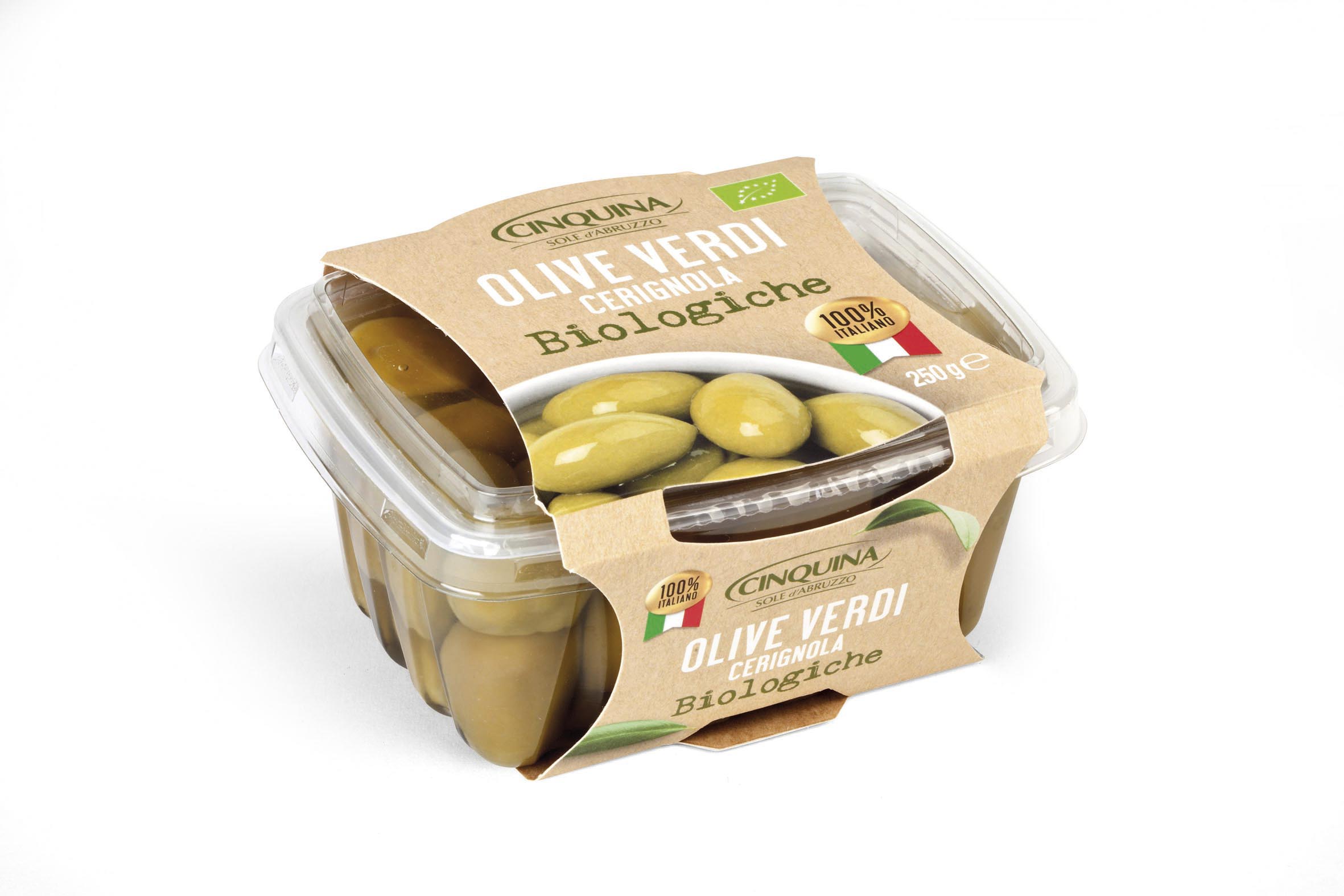 EKOLOGICZNE ZIELONE OLIWKI CERIGNOLA 250 G 12/BOX CINQUINA
