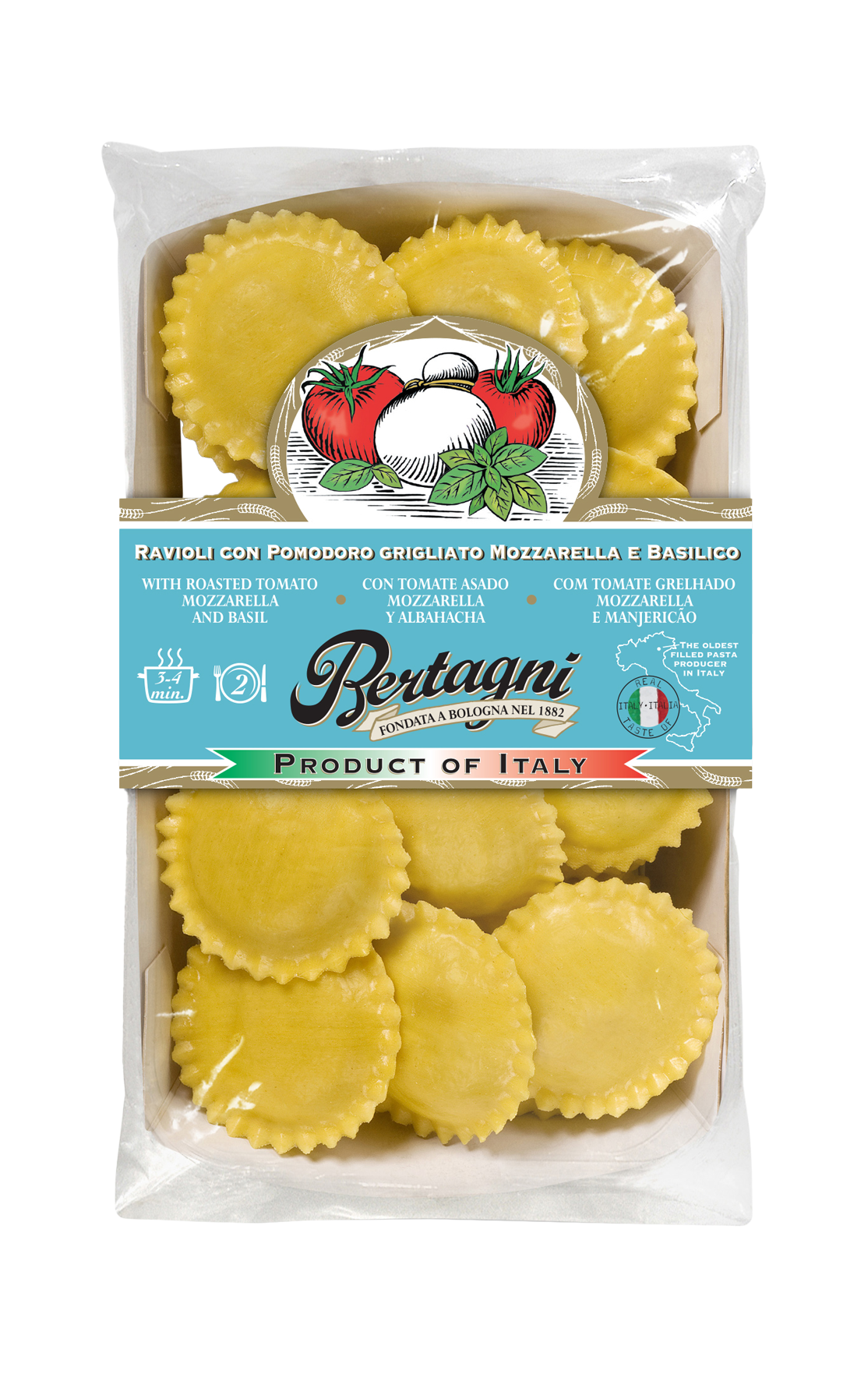 MAKARON RAVIOLI POMIDOR, MOZZARELLA I BAZYLIA 250G 6/BOX BERTAGNI