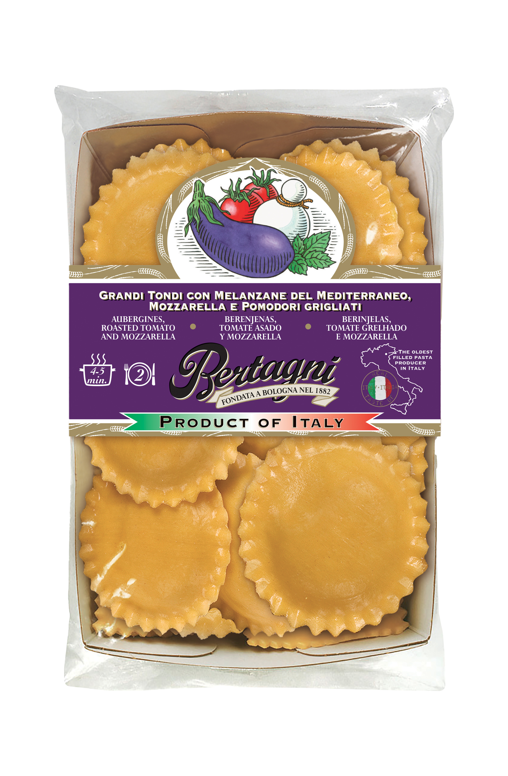 MAKARON GRANDI TONDI BAKŁAŻAN, MOZZARELLA POMIDOR GRILLOWANE 250G 6/BOX BERTAGNI