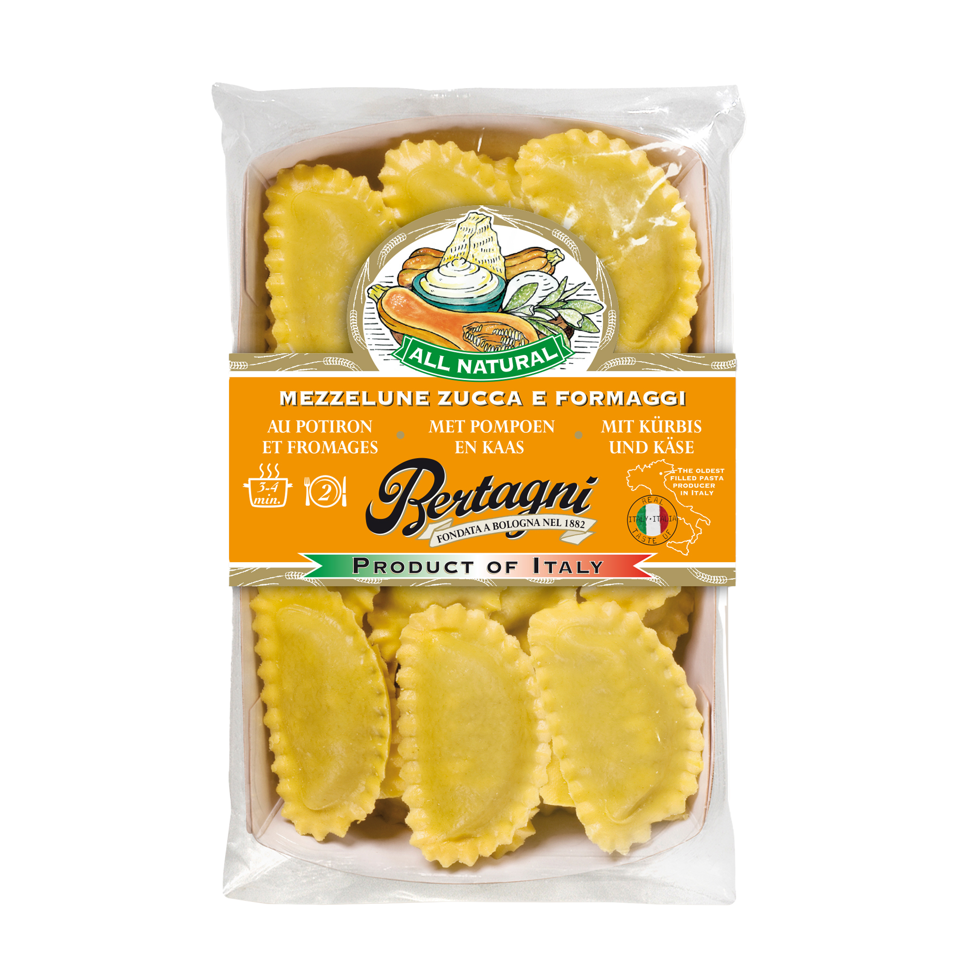 MAKARON MEZZELUNE Z DYNIĄ I Z SEREM 250G 6/BOX BERTAGNI