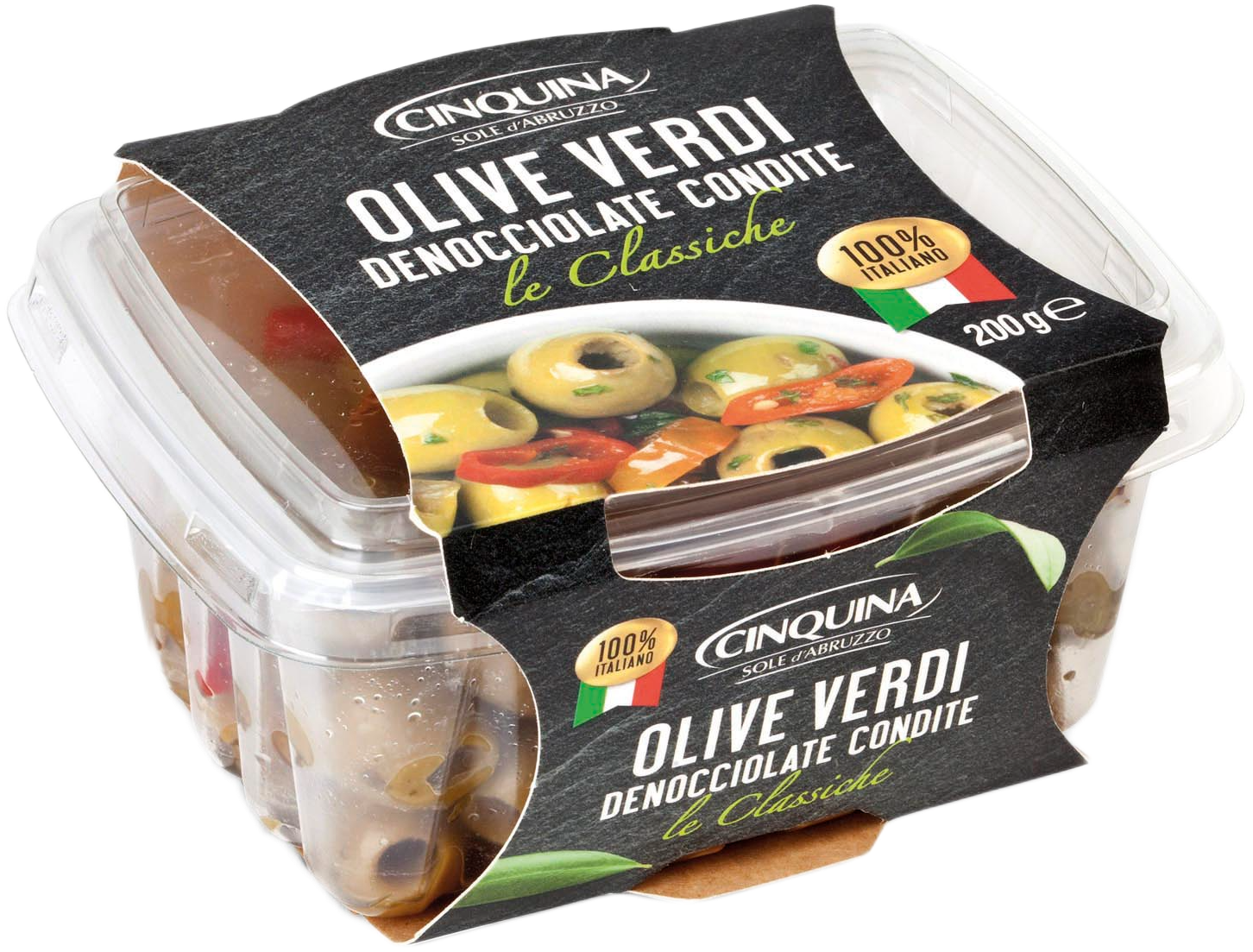 ZIELONE OLIWKI BEZ PESTEK Z PRZYPRAWAMI 200G 12/BOX CINQUINA