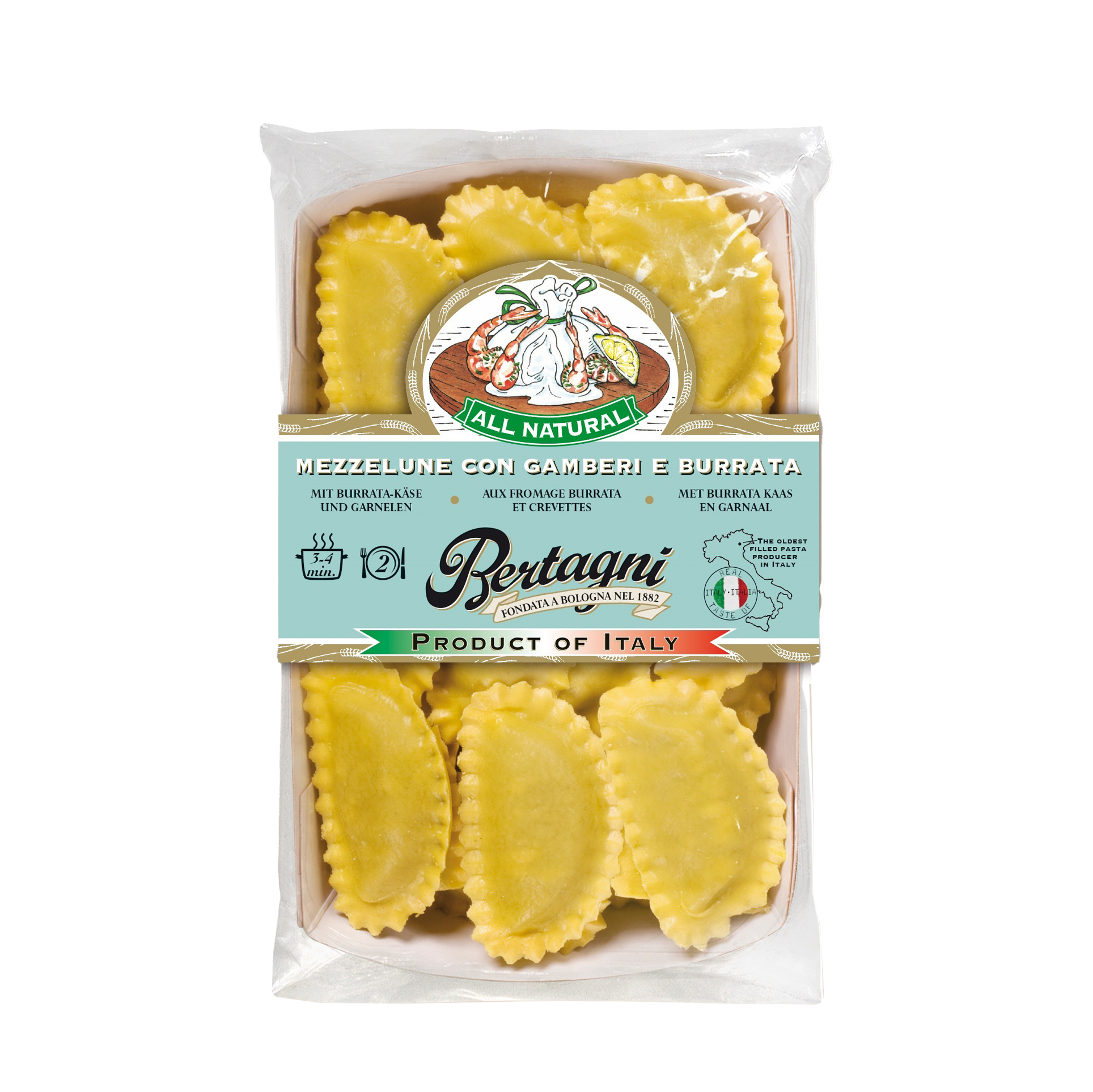 MAKARON MEZZELUNE Z BURRATĄ I KREWETKAMI 250G 6/BOX BERTAGNI