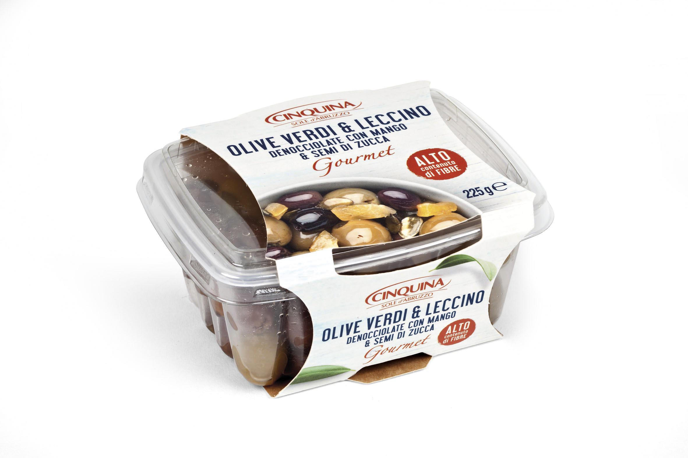 ZIELONE OLIWKI I OLIWKI LECCINO BEZ PESTEK Z MANGO I NASIONAMI DYNI 225 G 12/BOX CINQUINA